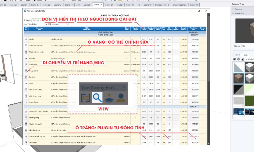 Plugin Sketchup Van Cuong Estimate;