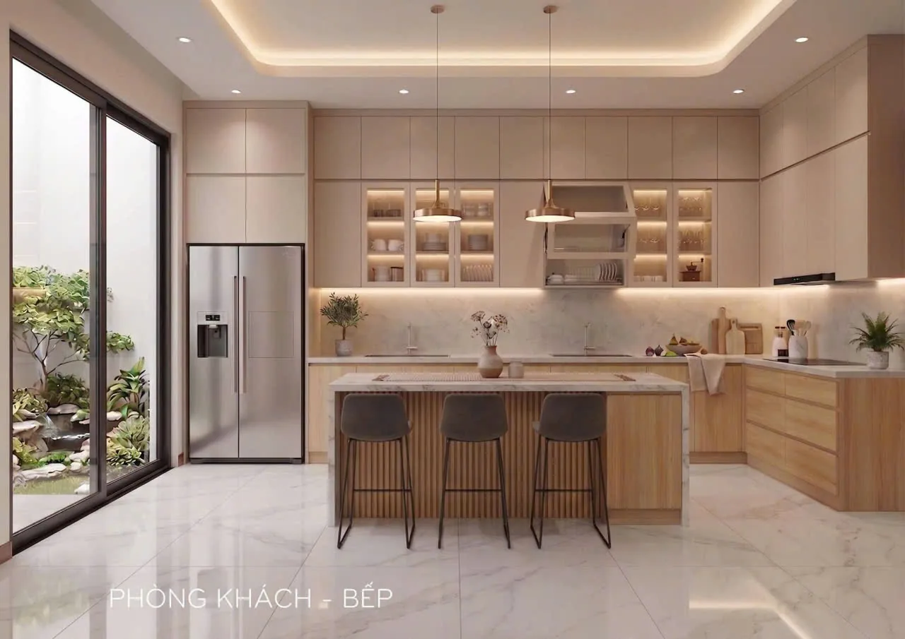 Phối cảnh 3D bếp chữ L có đảo bếp và tủ kính LED – nhà ở Bình Dương
