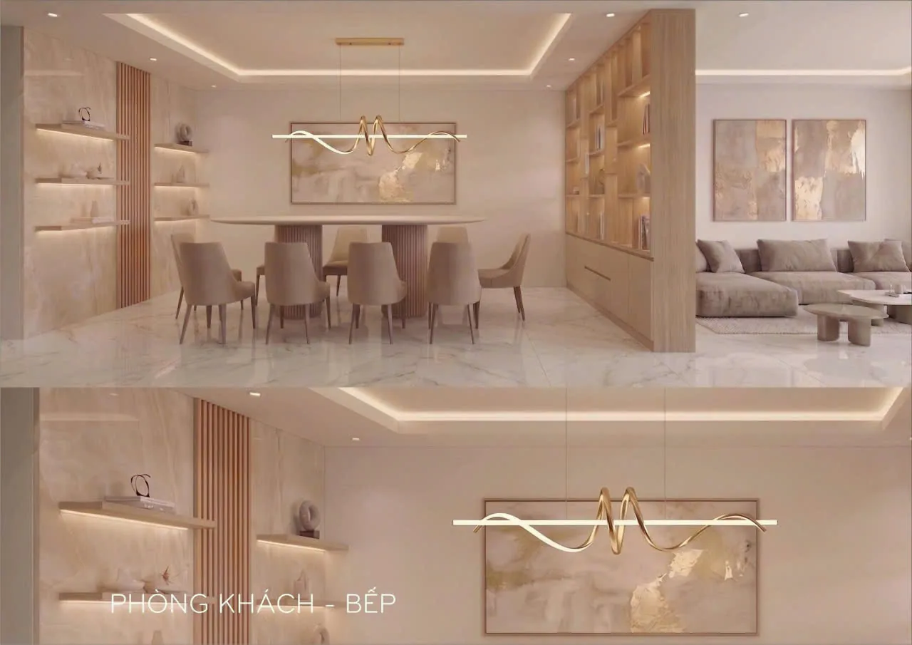 Phối cảnh 3D phòng ăn liên thông phòng khách, kệ treo có LED – nhà ở Bình Dương