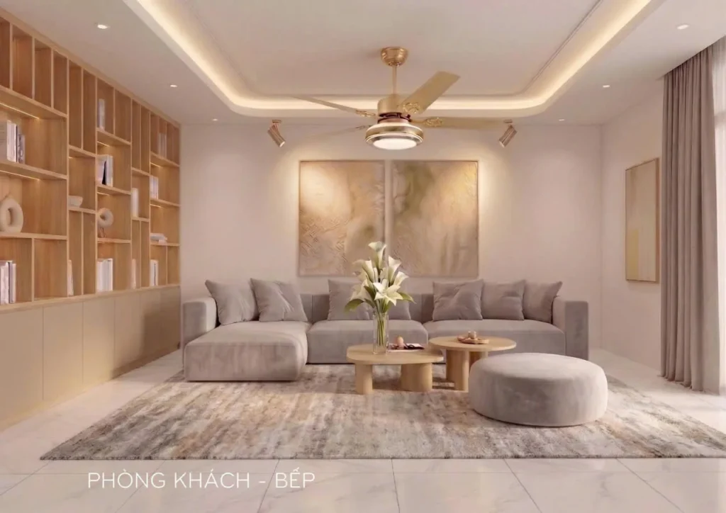 Phối cảnh 3D phòng khách với sofa chữ L, kệ trang trí kịch trần và trần thạch cao LED – nhà ở Bình Dương