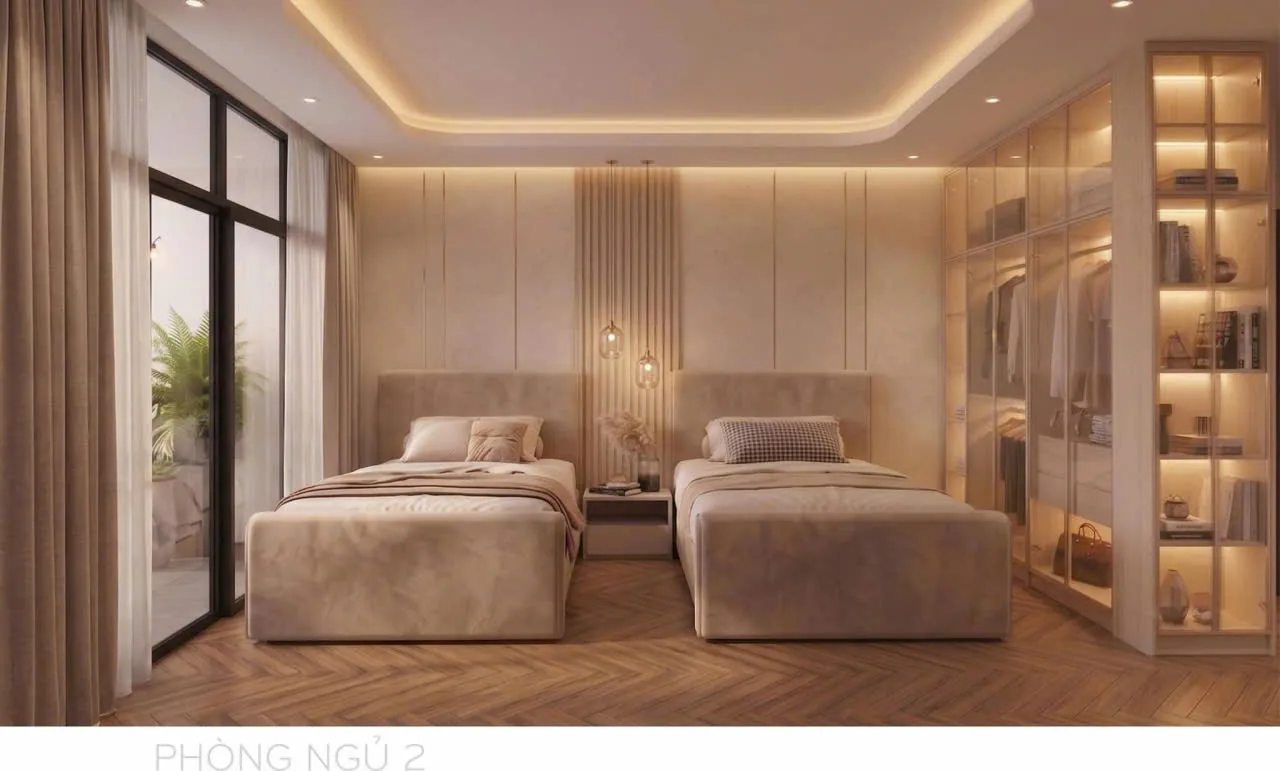 Phối cảnh 3D phòng ngủ 2 với hai giường đơn và tủ áo có LED – nhà ở Bình Dương