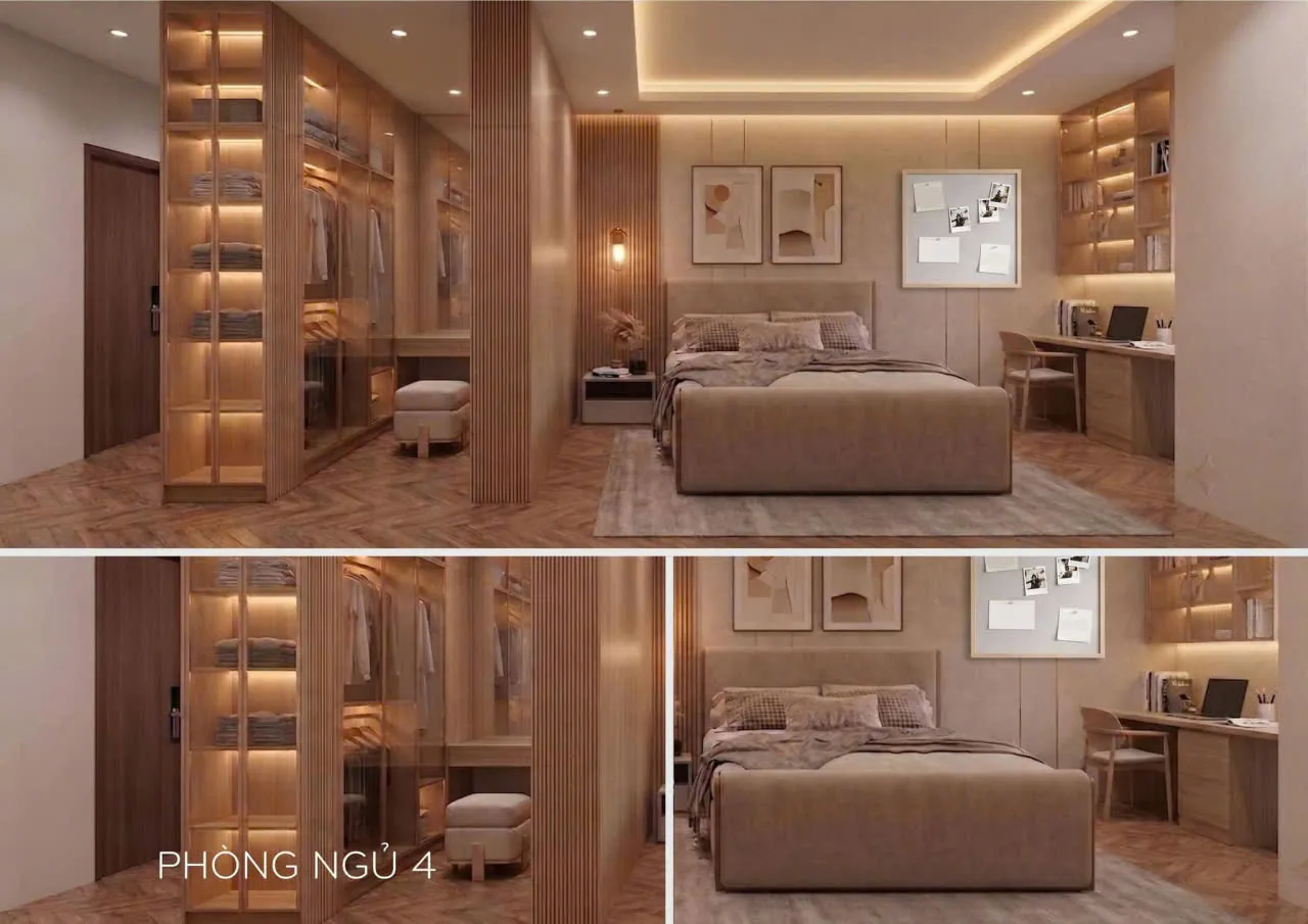 Phối cảnh 3D phòng ngủ 4 với tủ quần áo walk-in, bàn làm việc – nhà ở Bình Dương